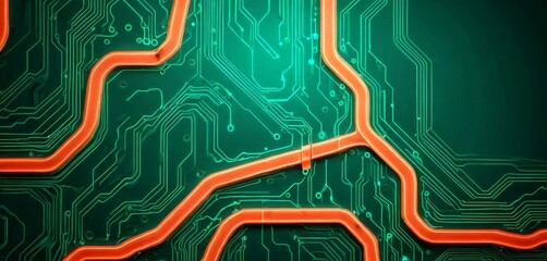 Fototapete - a detailed view circuit board, with a complex network of orange and green lines and traces The background is a dark green color, providing a