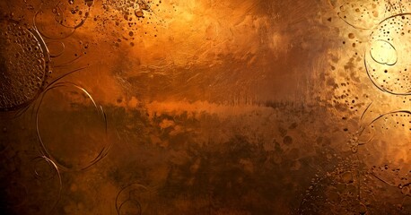 Leinwandbilder - a close-up view textured surface with a warm, golden-brown hue The surface is adorned with circular patterns and droplets, creating a sense of depth and movement The