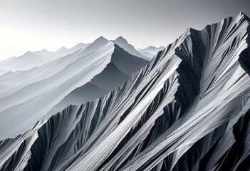 Poster - a striking black and white landscape featuring a series of mountains with jagged, textured peaks and valleys, creating a sense of depth and scale