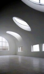 Leinwandbilder - a spacious, minimalist interior with a high ceiling, arched windows, and a clean, white color scheme