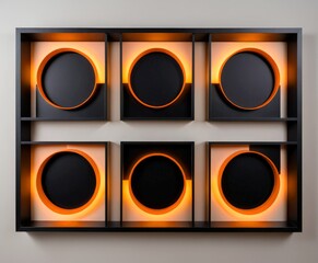 Leinwandbilder - a modern art piece consisting of six black and orange circular panels arranged in two rows of three, with each panel illuminated by a warm orange light.