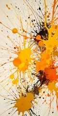 Poster - an abstract painting featuring a vibrant explosion of orange, yellow, and black paint splatters against a white background