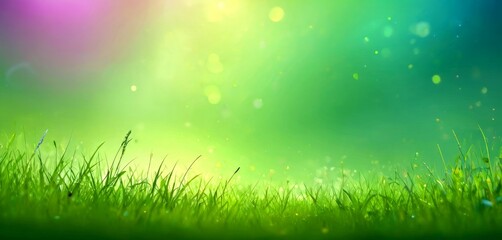 Poster - A lush, verdant field of grass with a soft, blurred background of green and purple hues, creating a serene and tranquil atmosphere