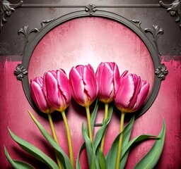 Aufkleber - Pink tulips in a black ornate frame against a pink and black textured background