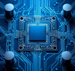 Fototapete - A circuit board with a central blue square chip surrounded by a complex network of blue and white lines and components