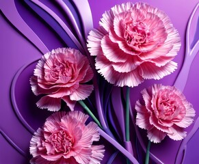 Aufkleber - A bouquet of pink carnations with green stems is arranged against a purple background with curved lines