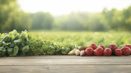 Farm-to-table Experiences foods, fresh produce on a rustic table set against a green farm background