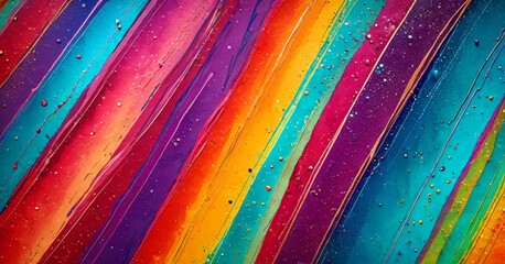 Poster - a vibrant abstract painting with diagonal stripes in various colors, including red, orange, yellow, green, blue, and purple, with small white dots scattered throughout