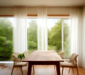 Leinwandbilder - A wooden table with four chairs sits in a bright, minimalist room with large windows overlooking a lush green landscape
