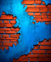 Aufkleber - a close-up view brick wall with a blue paint peeling off, revealing the red bricks underneath The peeling paint creates a textured and weathered appearance, with the
