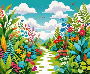 Aufkleber - A vibrant illustration depicting a lush, colorful garden with a winding path, surrounded by a variety of flowers, plants, and birds in a clear blue sky