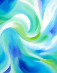 Poster - an abstract painting featuring swirling patterns of blue, green, and white colors, creating a sense of movement and dynamism