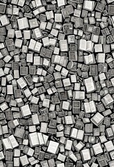 Fototapete - a collage of numerous open books scattered across a black background, creating a visually striking and textured composition