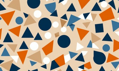 Leinwandbilder - a pattern of various geometric shapes, including triangles, circles, and rectangles, in shades of blue, orange, and beige