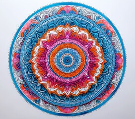 Fototapete - A vibrant mandala design with intricate patterns and a central flower motif, featuring a mix of blue, pink, orange, and white colors