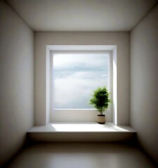Fototapete - A potted plant sits on a windowsill in a minimalist, white-walled room, with a view cloudy sky visible through the window