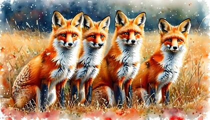 Wall Mural - Charming Watercolor Cartoon Depiction of Red Fox Family in Autumn Field on White Background