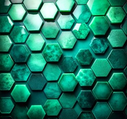 Fototapete - a close-up view pattern of hexagonal tiles in various shades of green, arranged in a grid-like formation