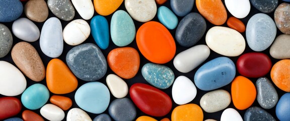 Wall Mural - A vibrant assortment of colorful pebbles in various shades of blue, orange, red, and gray, arranged in a visually appealing pattern against a black background.