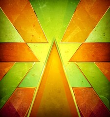 Fototapete - a vibrant abstract composition with a central triangle in shades of yellow and orange, surrounded by a symmetrical arrangement of eight smaller triangles in various shades