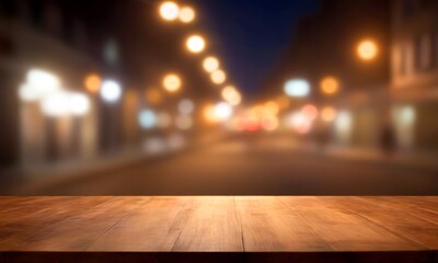 A wooden table sits in the foreground, its surface reflecting the soft glow city street at night The street is alive with the warm, inviting lights of various