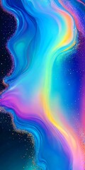 Poster - a vibrant abstract composition with swirling patterns of blue, purple, and orange hues, accented by scattered gold specks and small white dots