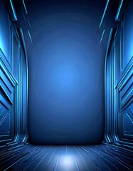 Wall Mural - a futuristic, dark blue corridor with a smooth, polished floor and a large, empty space in the center The corridor is flanked by vertical lines on either