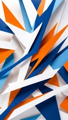Poster - a digital illustration featuring a complex arrangement of overlapping geometric shapes in various shades of blue, white, and orange