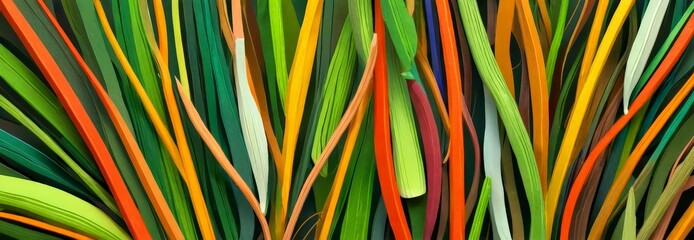 Aufkleber - a digital illustration close-up dense collection of plant leaves in various shades of green, orange, and yellow, arranged in a chaotic yet visually