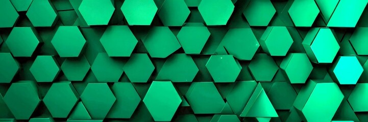Fototapete - A repeating pattern of green hexagonal shapes, varying in size and orientation, creates a visually striking and geometric design.