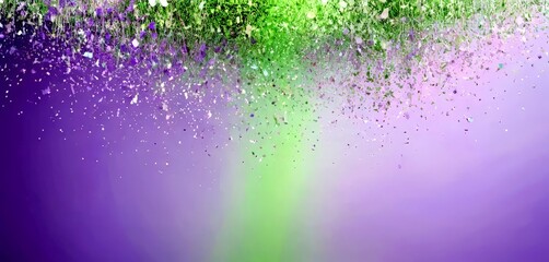 Wall Mural - a gradient background transitioning from purple to green, with a scattering of small white and purple confetti or particles falling from the top right corner, creating a sense