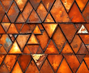 Fototapete - a close-up view pattern of overlapping triangular tiles in various shades of brown and orange, creating a textured and visually interesting surface