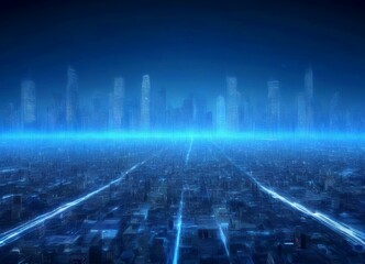 Fototapete - A futuristic cityscape with tall buildings and a glowing blue sky in the background