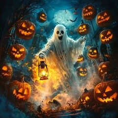 Wall Mural - A spooky Halloween invitation featuring a ghost with lantern and glowing pumpkins in a haunted graveyard at night