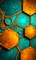 Leinwandbilder - a complex arrangement of hexagonal shapes in shades of orange and teal, with metallic elements and a textured background