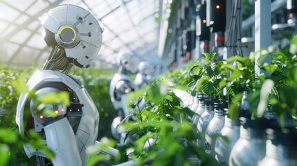 Robots working in industrial greenhouse with fresh natural plants. Concept of growing healthy food, diet, vegetarianism and technology. AI generated.