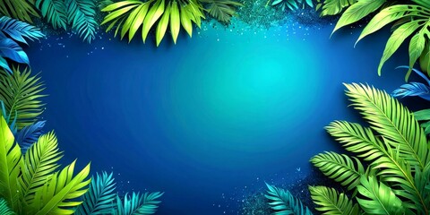 Poster - A dark blue background with scattered green and blue leaves and glittering particles