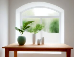 A wooden table with a green vase and two white vases sits in front large arched window, with a view of trees outside