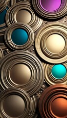 Poster - a close-up view collection of circular objects, each with a unique color and design The objects are arranged in a grid-like pattern, creating a visually striking