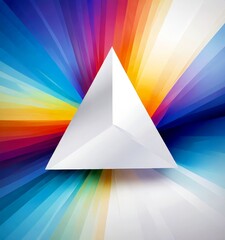 Fototapete - A white triangular prism is centered against a vibrant, multicolored background with radiating lines and rays of various colors