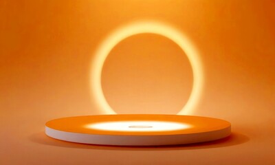 Leinwandbilder - An orange circular platform with a white base is illuminated by a circular light source, creating a warm and inviting atmosphere