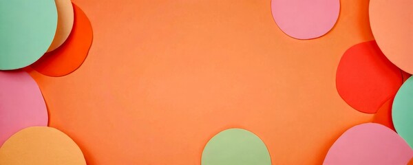 Poster - a vibrant abstract composition of overlapping circles in various colors, including shades of orange, pink, green, and blue, against a solid orange background.