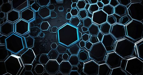 Fototapete - a captivating pattern of hexagonal shapes, predominantly in shades of blue and black, arranged in a seemingly random yet harmonious manner The central