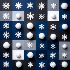 Wall Mural - A grid of white snowflakes and white spherical objects against a dark blue background