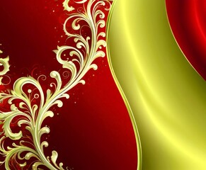 Leinwandbilder - a striking red and gold abstract design with a central floral pattern and a curved, flowing yellow section on the right side
