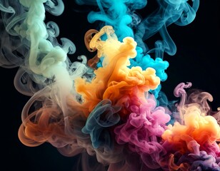 Poster - a vibrant and dynamic abstract composition of swirling smoke in various colors, including blue, green, orange, and pink, against a dark background