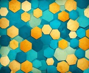 Poster - a vibrant pattern of overlapping hexagonal shapes in various shades of blue and yellow, creating a visually striking and textured composition