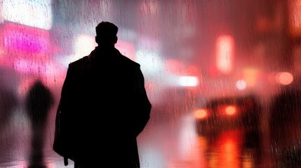 Silhouette of a mysterious figure in a rainy city night with neon lights