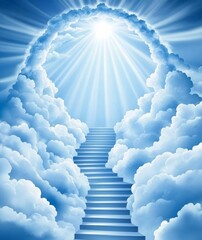 Wall Mural - staircase leading into the sky surrounded by white clouds and rays of light, with cloud archways cre