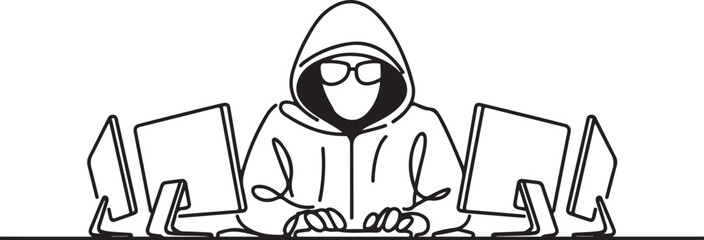 continuous single line drawing of computer hacker stereotype, line art vector illustration
